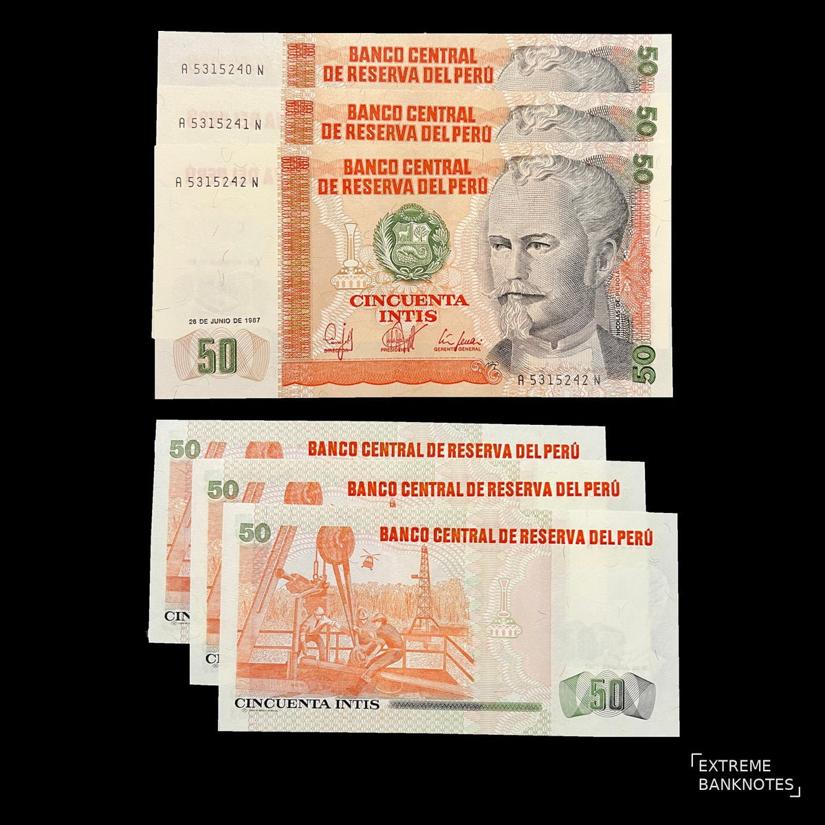 Peru 3 Consecutive Banknotes 50 Intis 1987 P-131b UNC – all 3 notes front and back