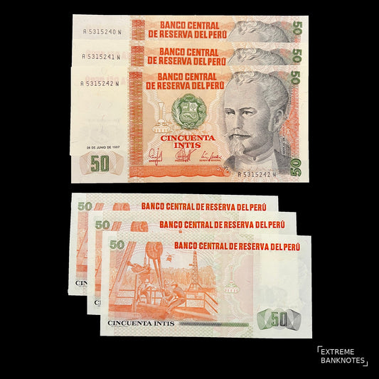 Peru 3 Consecutive Banknotes 50 Intis 1987 P-131b UNC – all 3 notes front and back