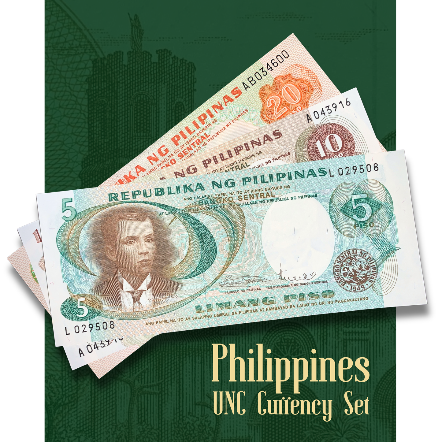 "Philippines UNC currency set featuring 5, 10, and 20 Piso banknotes in uncirculated condition displayed against a green collector presentation background."