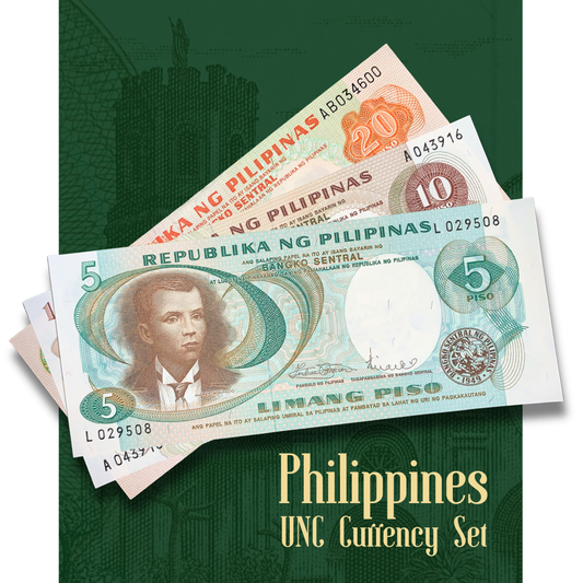 "Philippines UNC currency set featuring 5, 10, and 20 Piso banknotes in uncirculated condition displayed against a green collector presentation background."