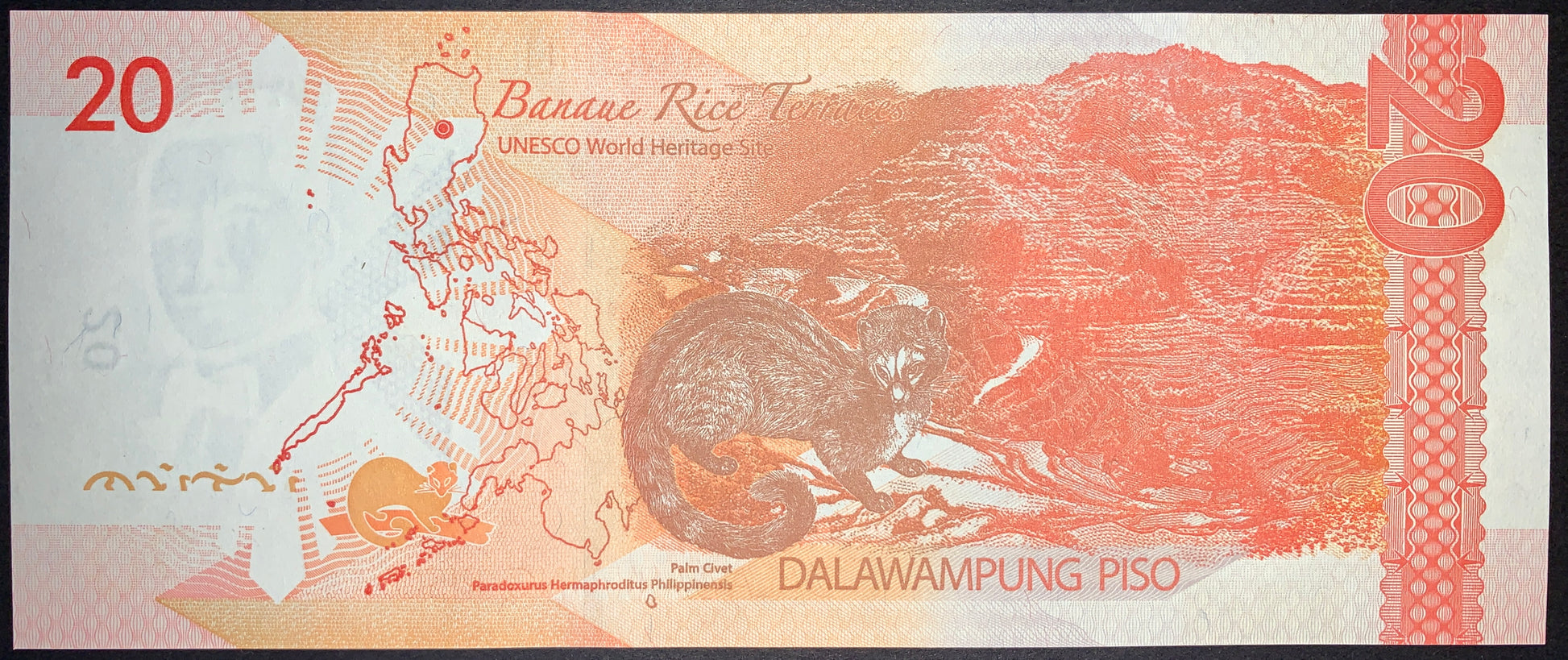 Philippines 20 Piso 2016 P-206a banknote reverse depicting the Banaue Rice Terraces UNESCO World Heritage Site, palm civet, and map of the Philippines.