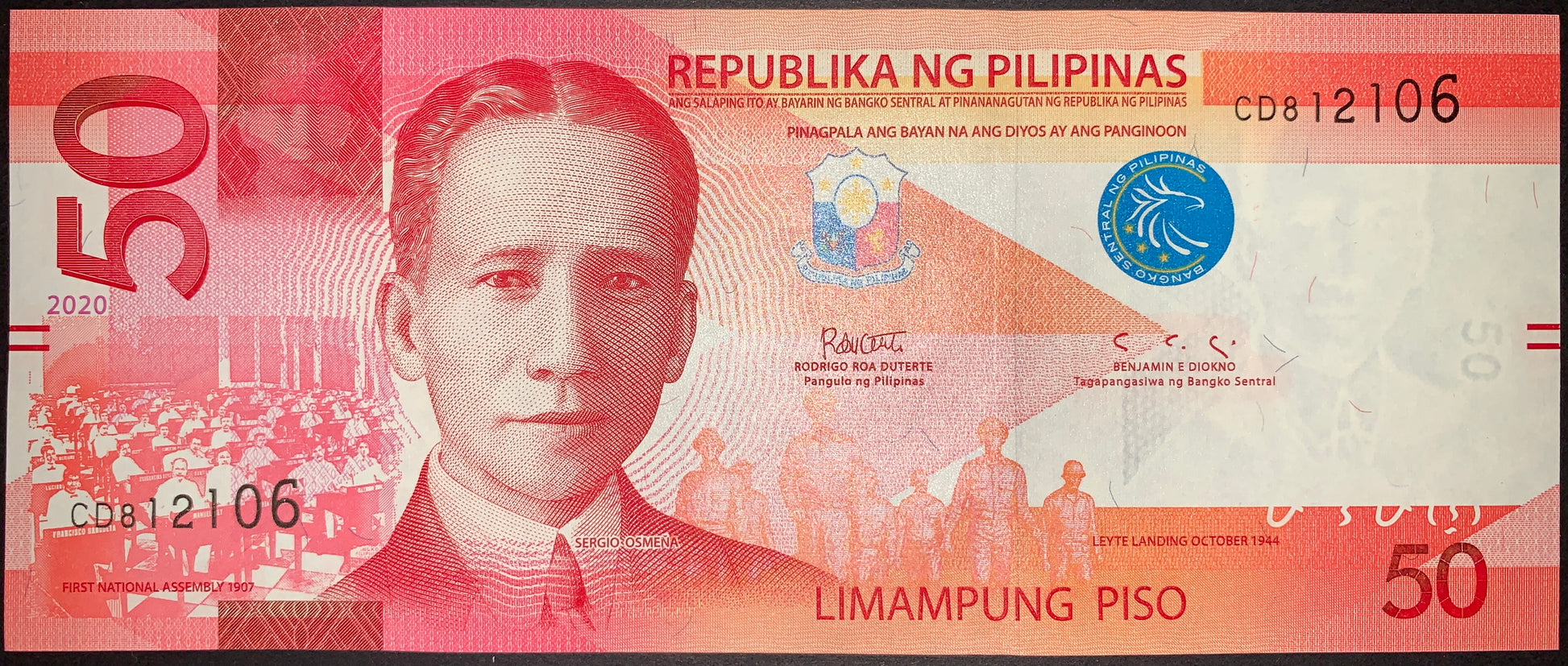 Philippines 50 Piso 2020 P-207 banknote obverse featuring President Sergio Osmeña, First National Assembly, Leyte Landing, and Bangko Sentral ng Pilipinas seal.