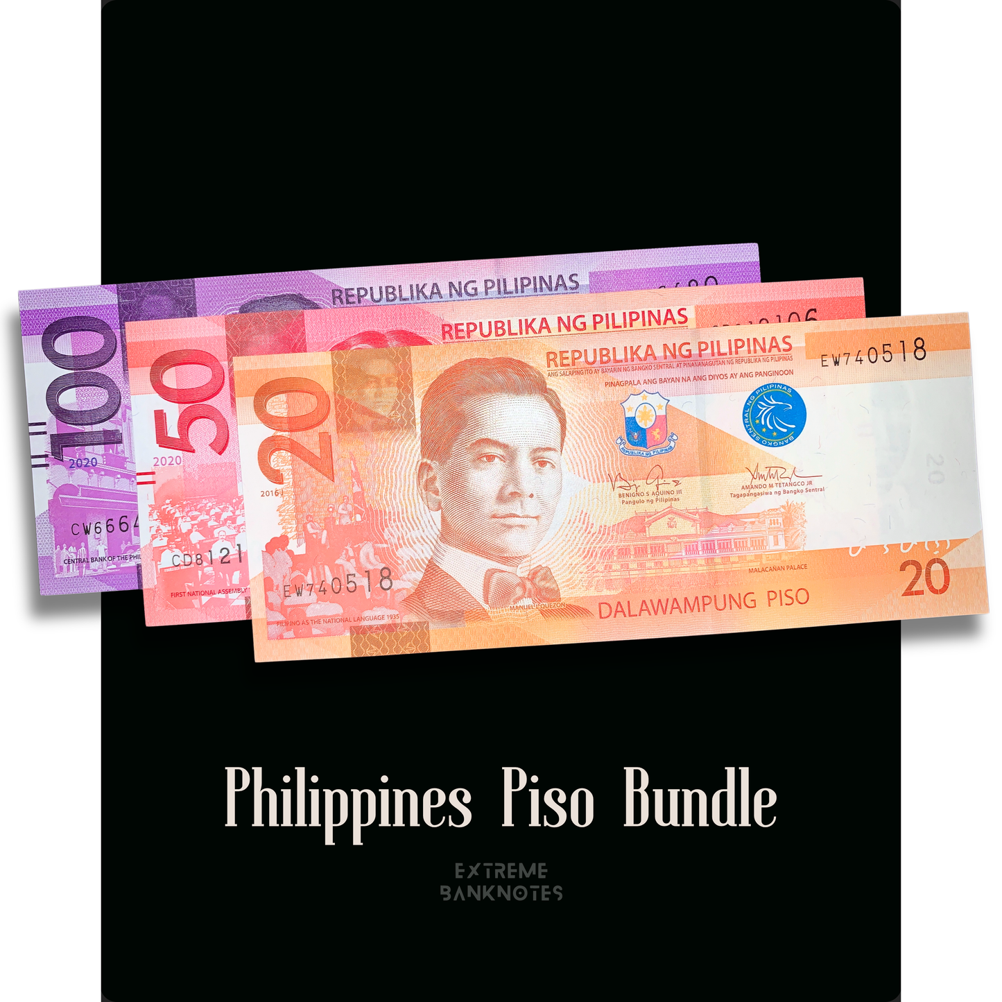 Philippines Modern Piso Bundle featuring authentic 20 Piso 2016 P-206a, 50 Piso 2020 P-207, and 100 Piso 2020 P-222 banknotes displayed together on a black background.