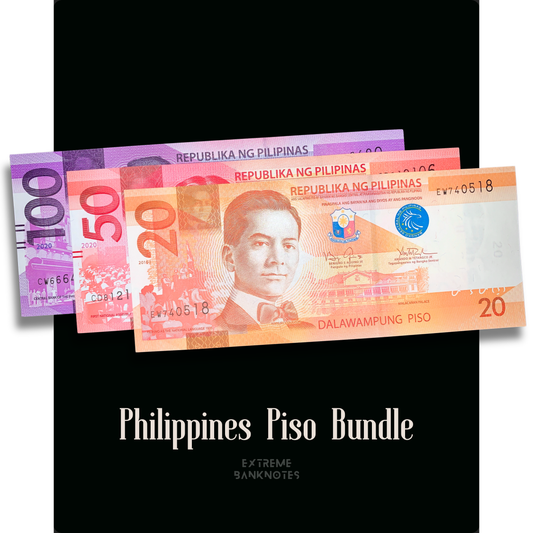 Philippines Modern Piso Bundle featuring authentic 20 Piso 2016 P-206a, 50 Piso 2020 P-207, and 100 Piso 2020 P-222 banknotes displayed together on a black background.