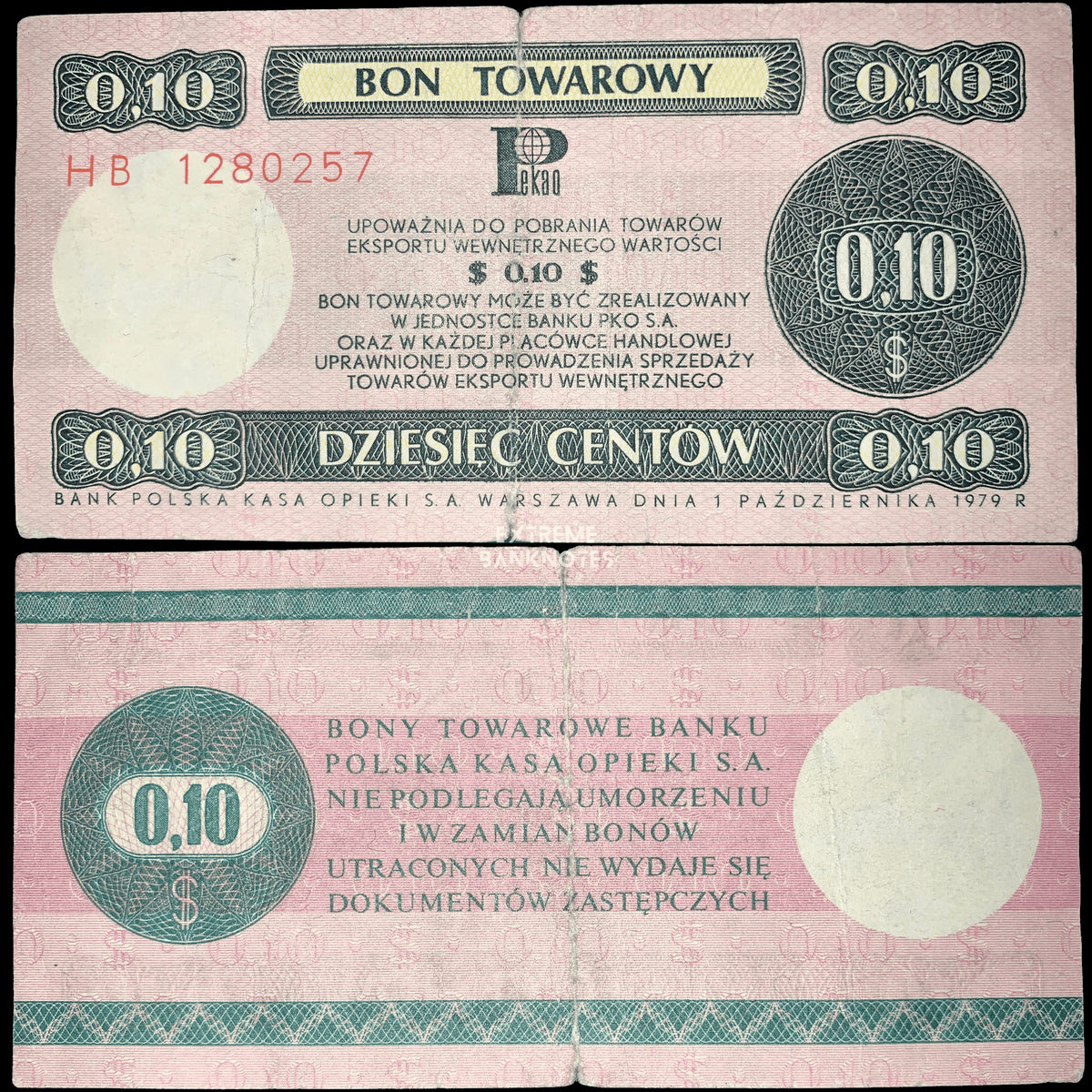 Front and back of an authentic Poland 10 Cents Bon Towarowy (export voucher) banknote dated 1 October 1979, issued by Bank Polska Kasa Opieki (PKO), featuring pink and dark green guilloche designs, "$0.10" denomination, Polish inscriptions, and circulated condition.