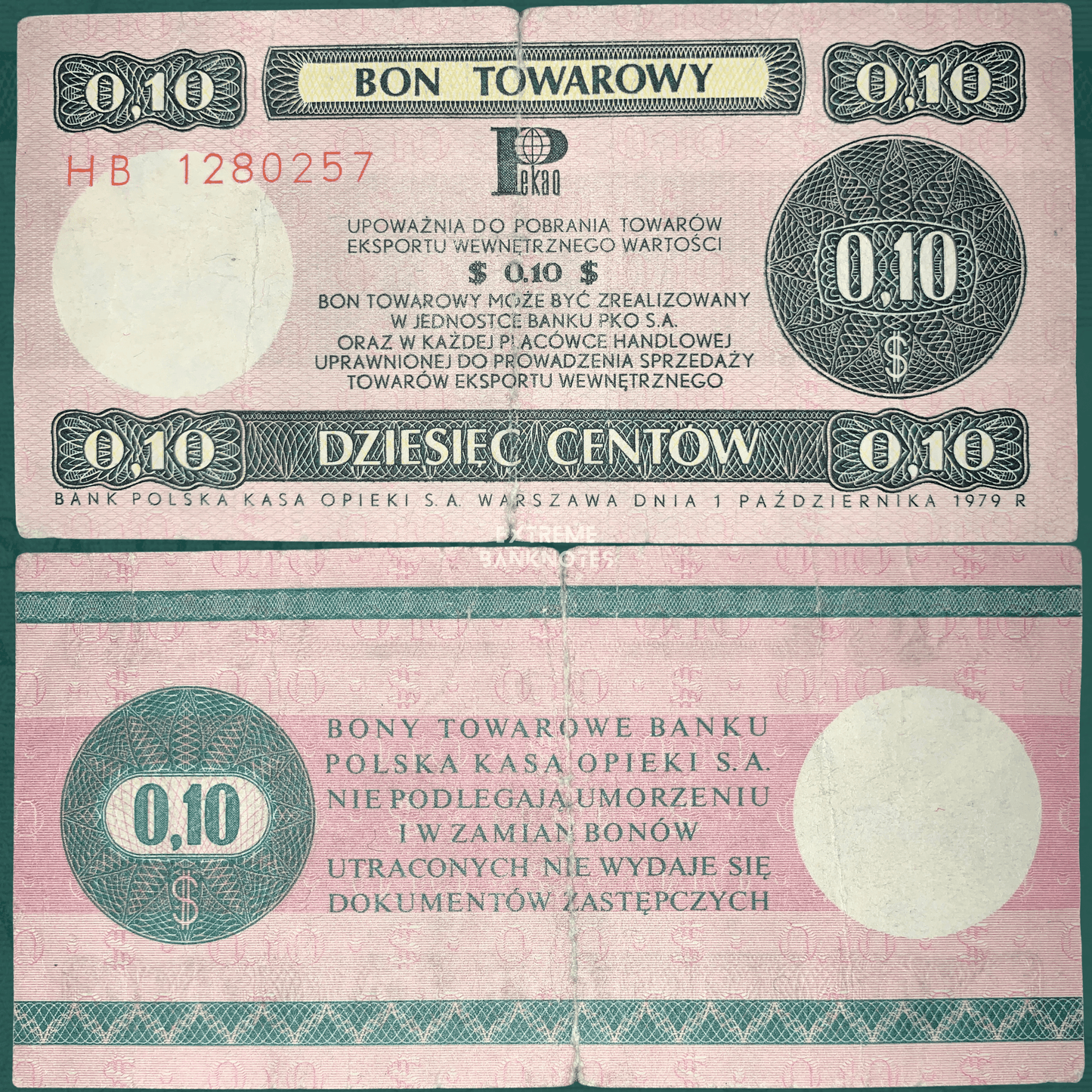 Front and back of an authentic Poland 10 Cents Bon Towarowy (export voucher) banknote dated 1 October 1979, issued by Bank Polska Kasa Opieki (PKO), featuring pink and dark green guilloche designs, "$0.10" denomination, Polish inscriptions, and circulated condition.