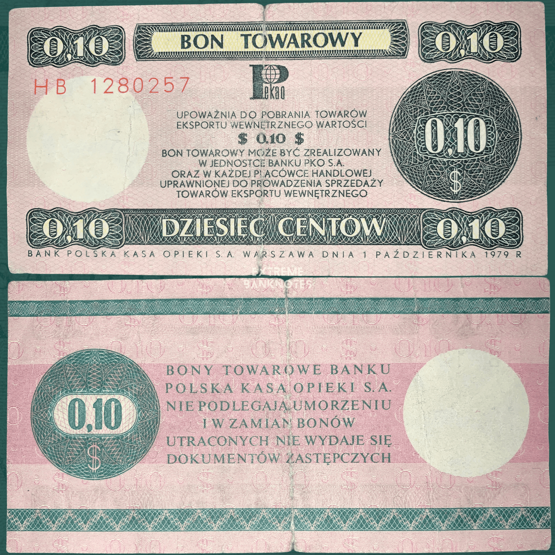 Front and back of an authentic Poland 10 Cents Bon Towarowy (export voucher) banknote dated 1 October 1979, issued by Bank Polska Kasa Opieki (PKO), featuring pink and dark green guilloche designs, "$0.10" denomination, Polish inscriptions, and circulated condition.