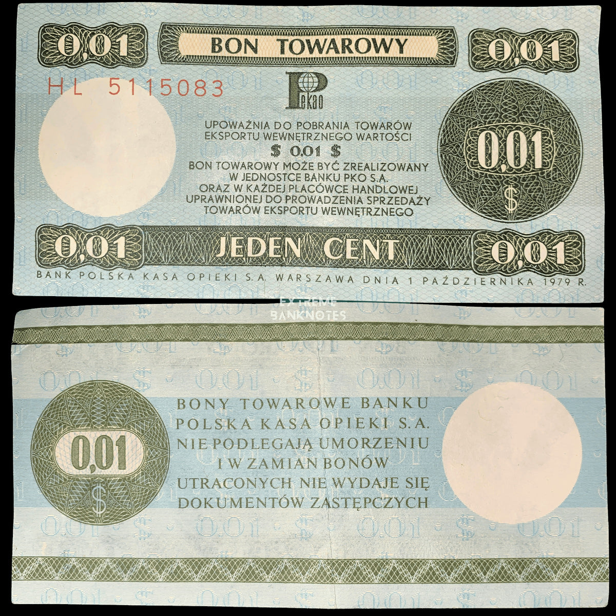 Front and back of an authentic Poland 1 Cent Bon Towarowy (export voucher) banknote dated 1 October 1979, issued by Bank Polska Kasa Opieki (PKO), featuring light blue and olive green guilloche designs, "$0.01" denomination, Polish inscriptions, serial number, and circulated condition.