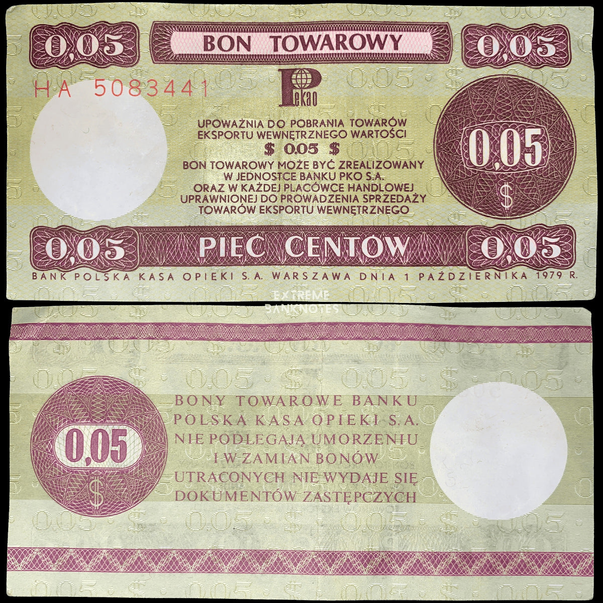 Front and back of an authentic Poland 5 Cents Bon Towarowy (export voucher) banknote dated 1 October 1979, issued by Bank Polska Kasa Opieki (PKO), displaying olive green and burgundy security patterns, "$0.05" denomination, Polish text, serial number, and circulated condition.