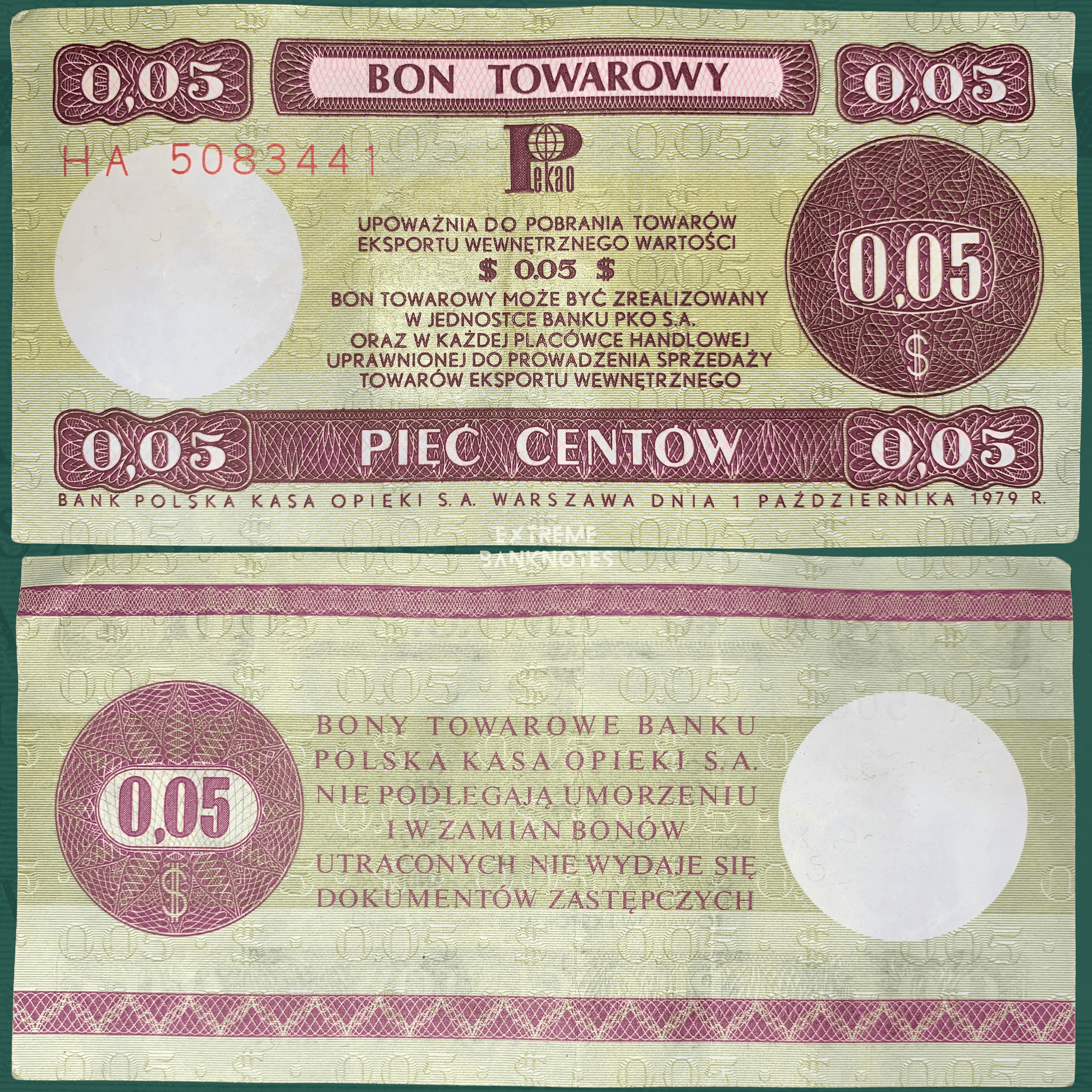 Front and back of an authentic Poland 5 Cents Bon Towarowy (export voucher) banknote dated 1 October 1979, issued by Bank Polska Kasa Opieki (PKO), displaying olive green and burgundy security patterns, "$0.05" denomination, Polish text, serial number, and circulated condition.