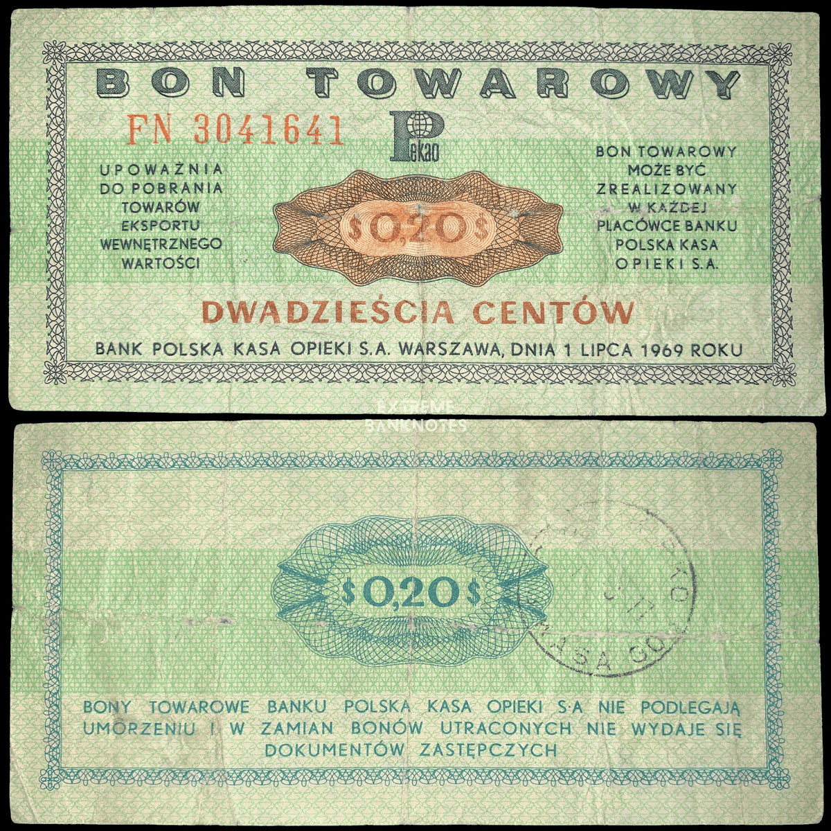 Front and back of an authentic Poland 20 Cents Bon Towarowy (export voucher) banknote dated 1 July 1969, issued by Bank Polska Kasa Opieki (PKO), featuring green guilloche security patterns, "$0.20" denomination, Polish inscriptions, and circulated condition.