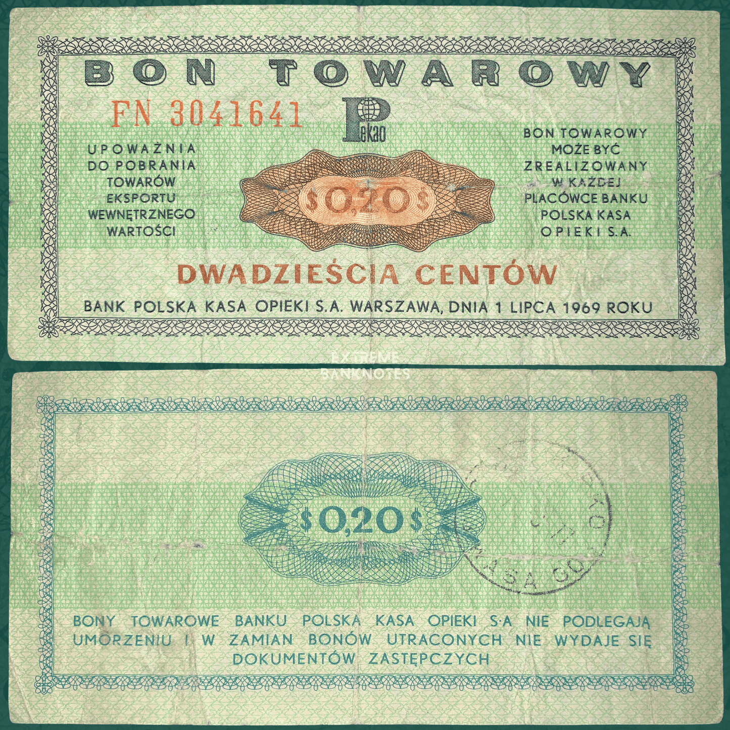 Front and back of an authentic Poland 20 Cents Bon Towarowy (export voucher) banknote dated 1 July 1969, issued by Bank Polska Kasa Opieki (PKO), featuring green guilloche security patterns, "$0.20" denomination, Polish inscriptions, and circulated condition.