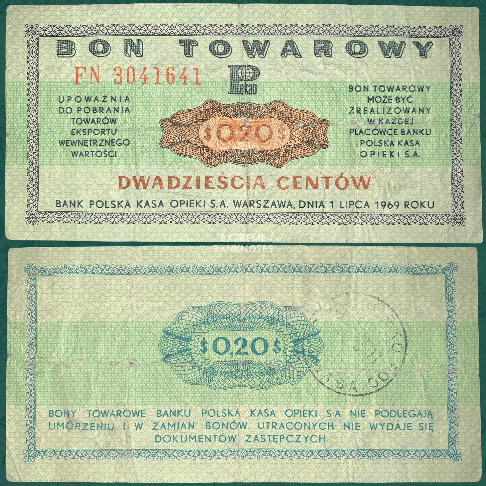 Front and back of an authentic Poland 20 Cents Bon Towarowy (export voucher) banknote dated 1 July 1969, issued by Bank Polska Kasa Opieki (PKO), featuring green guilloche security patterns, "$0.20" denomination, Polish inscriptions, and circulated condition.