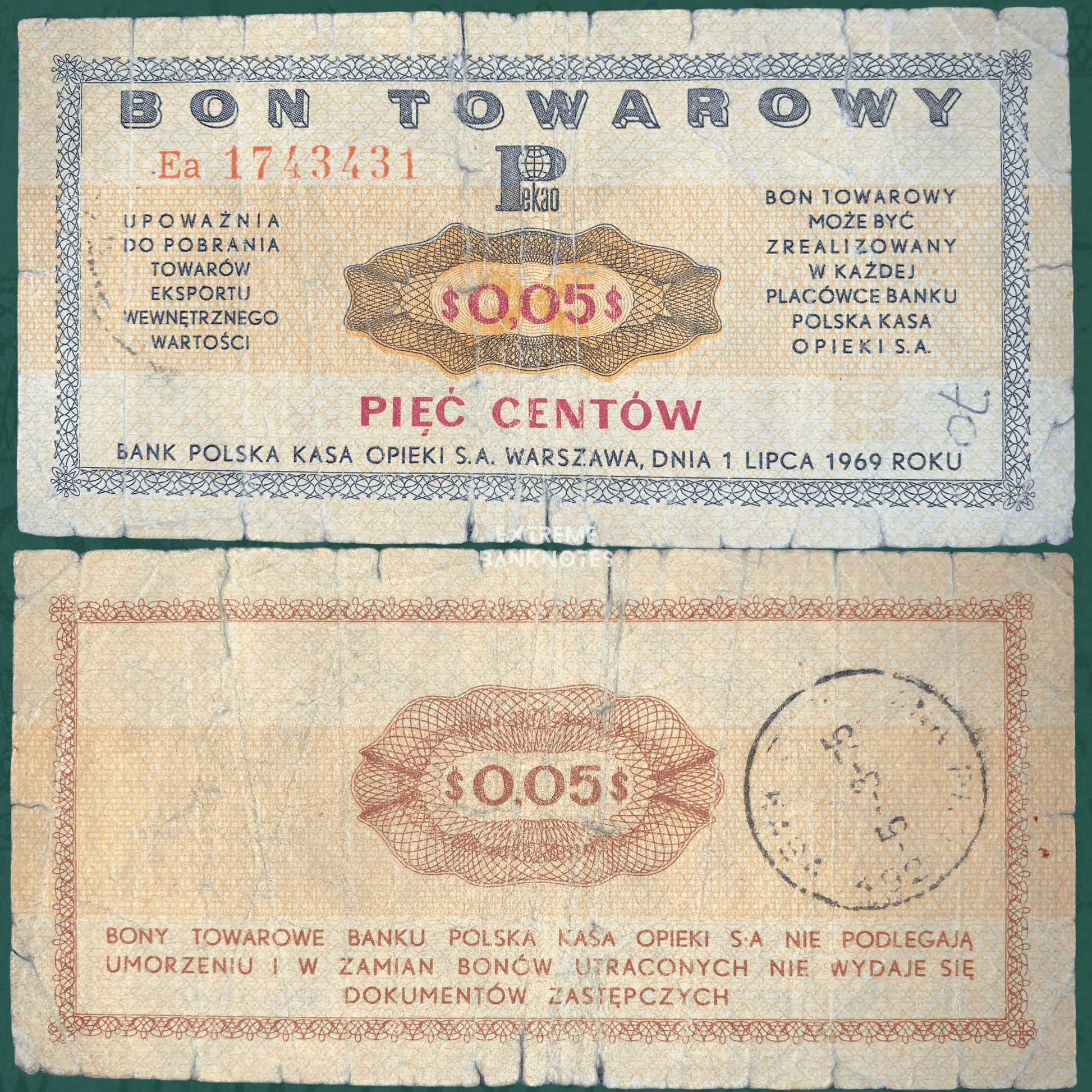 Front and back of an authentic Poland 5 Cents Bon Towarowy (export voucher) banknote dated 1 July 1969, issued by Bank Polska Kasa Opieki (PKO), displaying orange and blue guilloche designs, "$0.05" denomination, Polish text, serial number, and circulated condition.