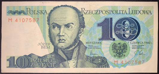front of Poland 10 Zloty 1982 P-148 XF collectible vintage banknote with portrait of Bem Józef
