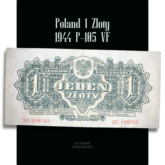 Poland 1 Złoty 1944 P-105 VF authentic World War II-era Polish banknote from Narodowy Bank Polski displayed on a black background.