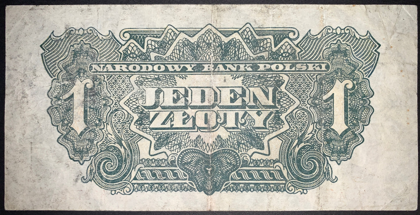 Poland 1 Złoty 1944 P-105 VF banknote reverse displaying an ornate engraved design with the Jeden Złoty denomination, decorative guilloche patterns, and Narodowy Bank Polski inscription.
