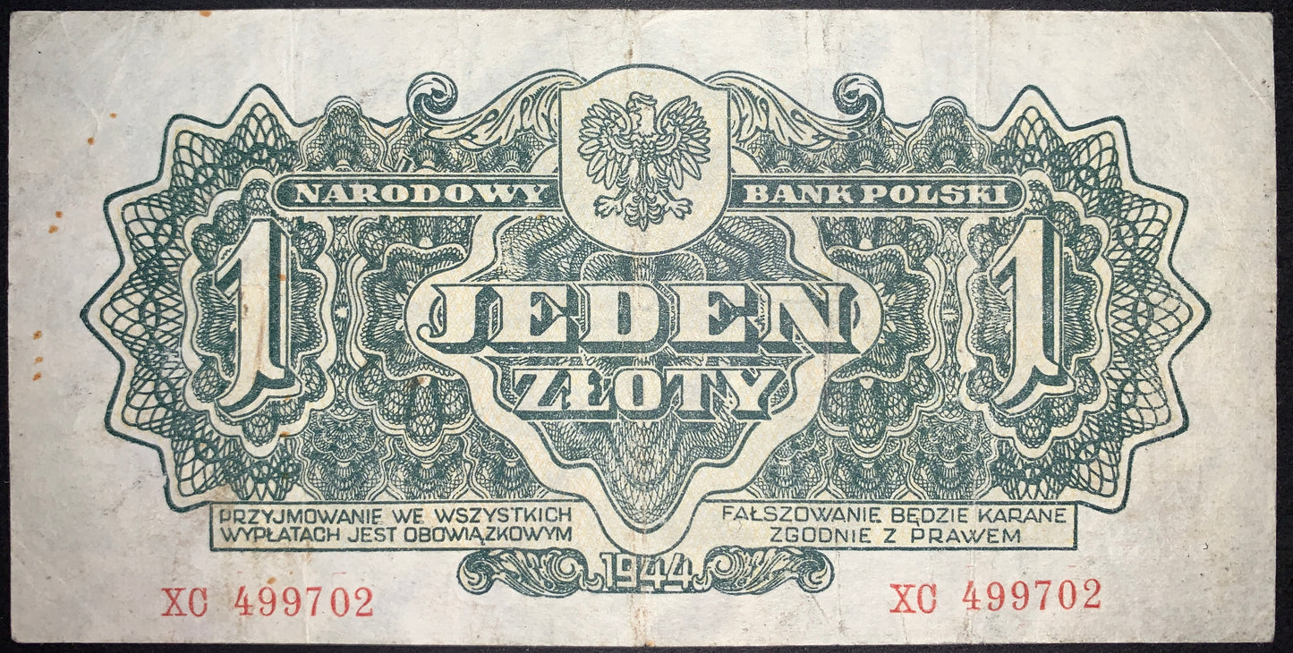 Poland 1 Złoty 1944 P-105 VF banknote obverse featuring the crowned Polish White Eagle coat of arms, ornate guilloche patterns, large Jeden Złoty denomination, and Narodowy Bank Polski inscription.