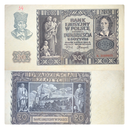 front and back of Poland 20 Zloty 1940 P-95a F collectible vintage banknote