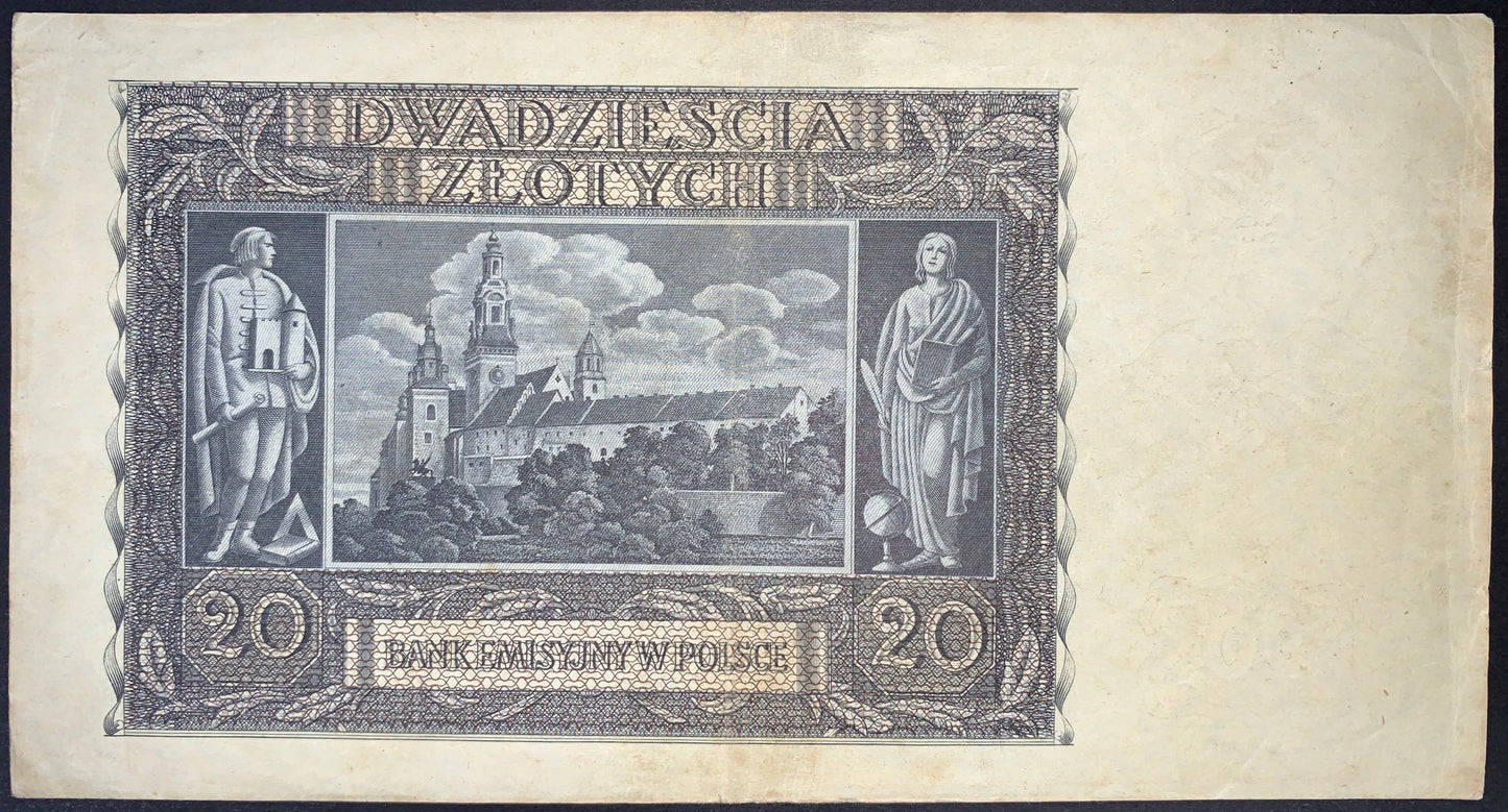 back of Poland 20 Zloty 1940 P-95a F collectible vintage banknote Wawel Castle and Allegorical figures