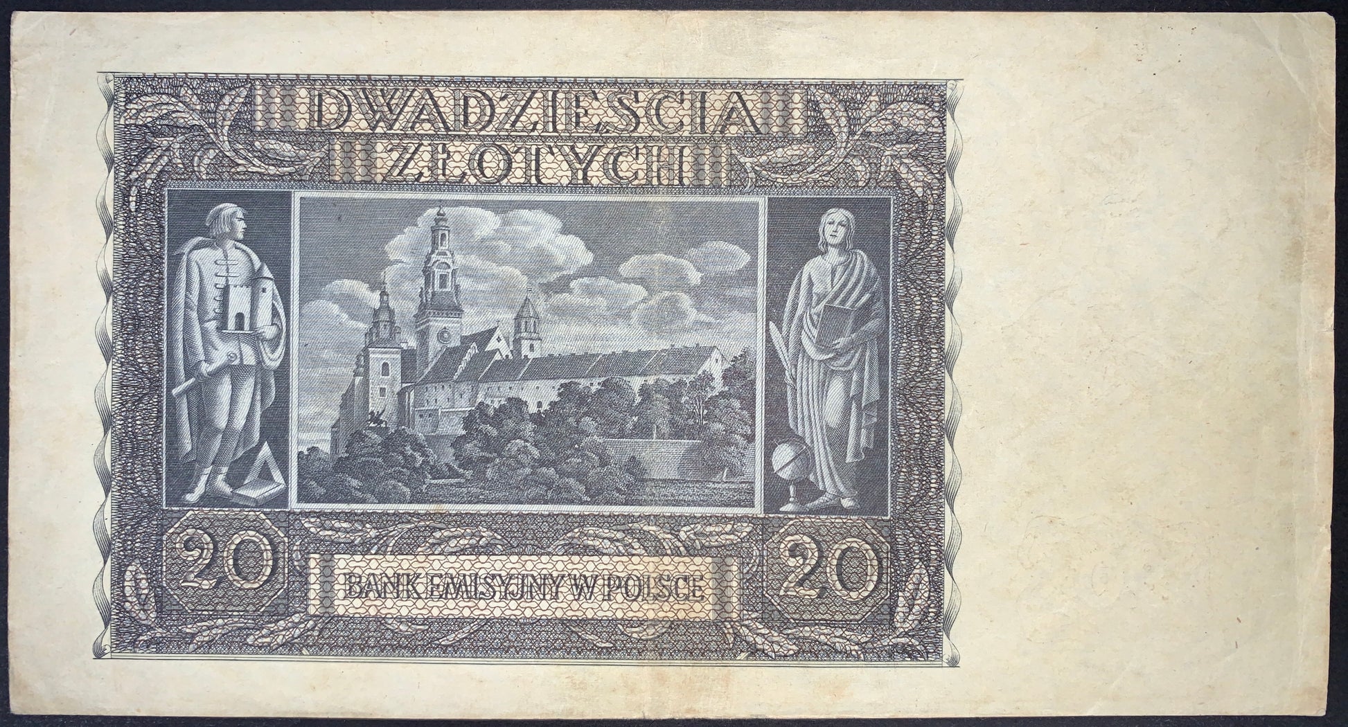 back of Poland 20 Zloty 1940 P-95a F collectible vintage banknote Wawel Castle and Allegorical figures