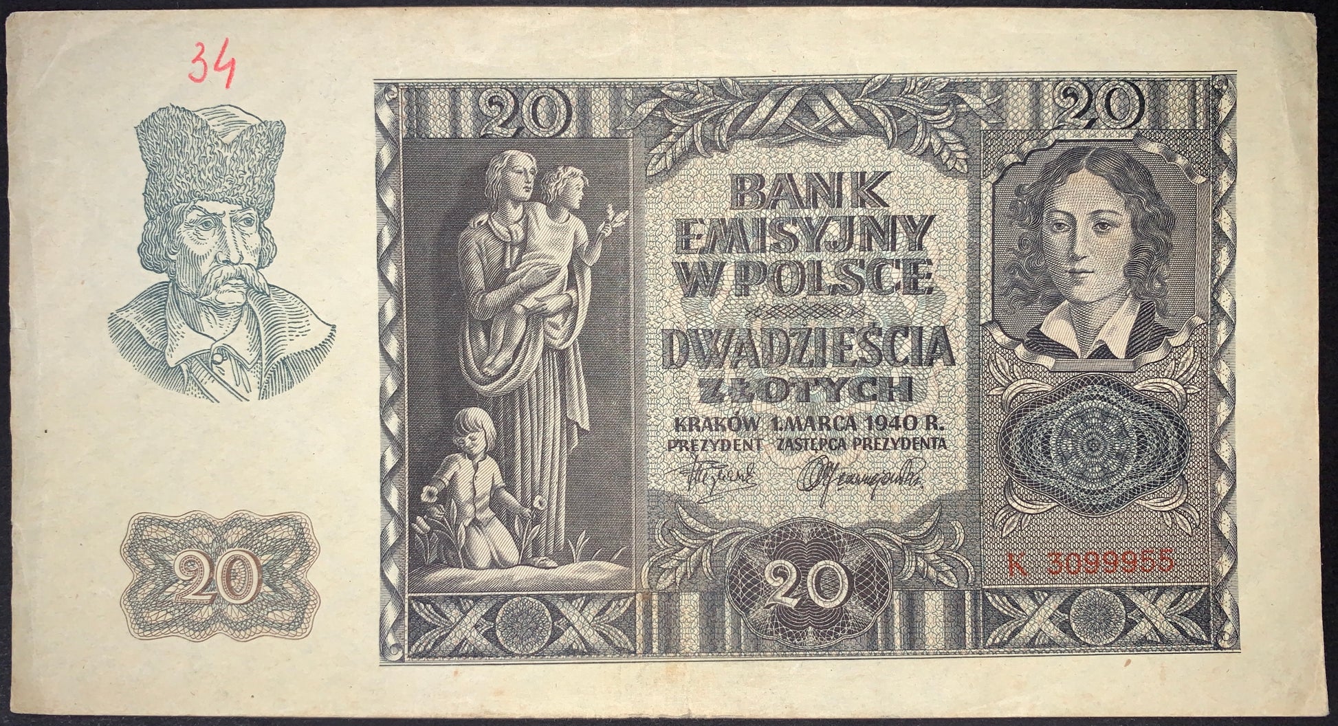 front of Poland 20 Zloty 1940 P-95a F collectible vintage banknote with farmer, mother figure with children, and portrait of Emilia Plater