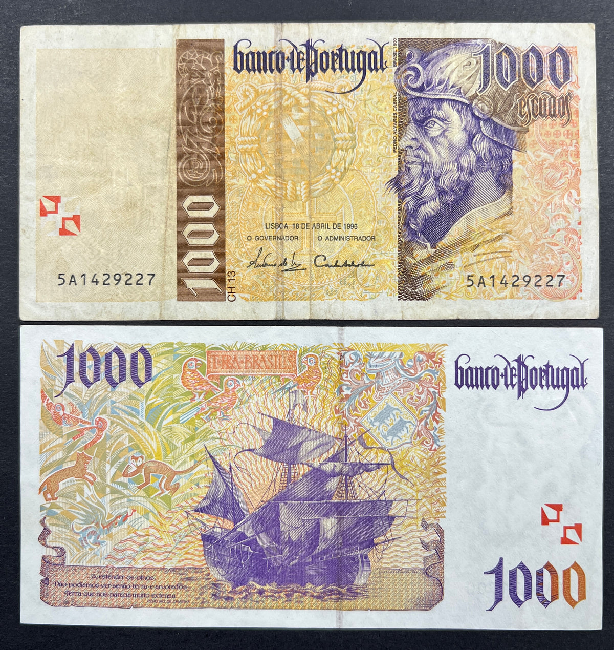 Front view of a circulated 1996 Portugal 1000 Escudos banknote featuring a portrait of explorer Pedro Alvares Cabral and the Cross of the Order of Christ. Back view of a vintage 1996 Portugal 1000 Escudos banknote showcasing a detailed engraving of a sailing ship arriving in Brazil, surrounded by exotic animals and the text Terra Brasilis.
