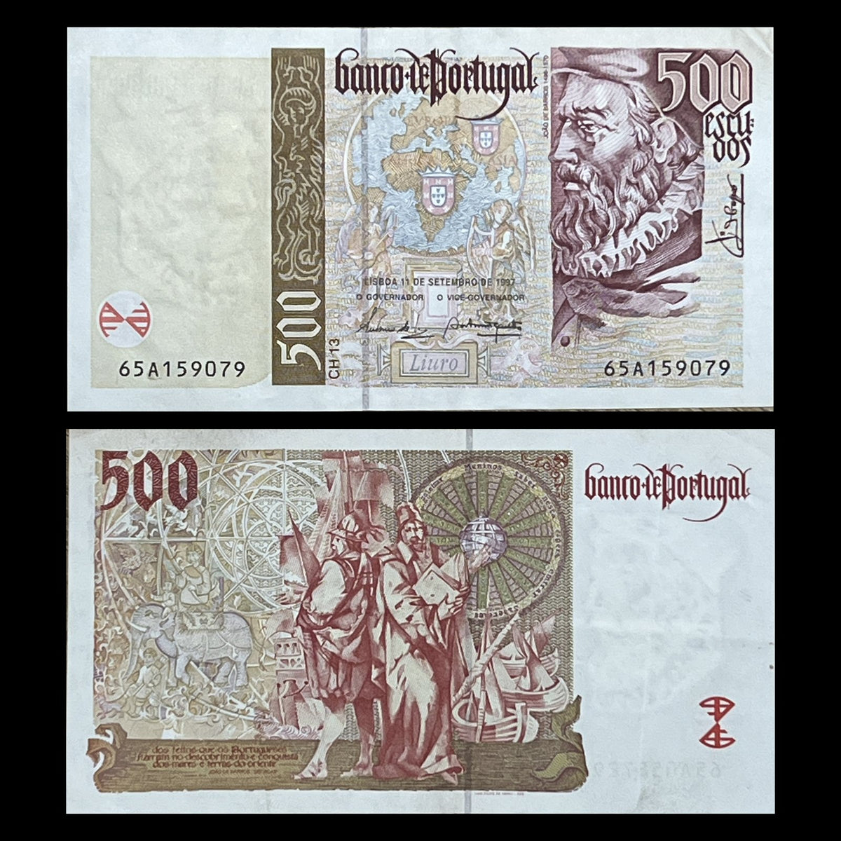 Portugal 500 Escudos 1997-2000 P-187 VF banknote – front with historian João de Barros and a world map, back with Age of Discovery allegory and Portuguese ships