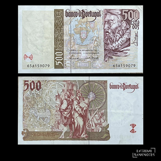 Portugal 500 Escudos 1997-2000 P-187 VF banknote – front with historian João de Barros and a world map, back with Age of Discovery allegory and Portuguese ships