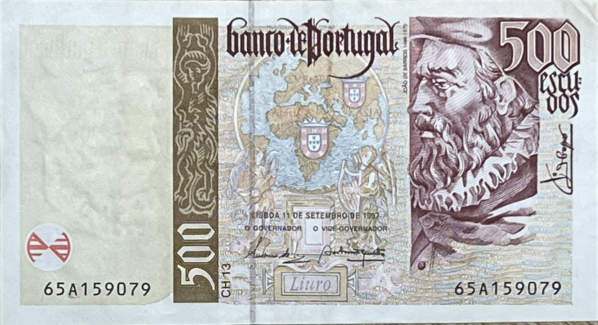 Front view of a circulated 1997 Portugal 500 Escudos banknote featuring a portrait of Renaissance historian João de Barros beside a world map with Portuguese crowned shields.
