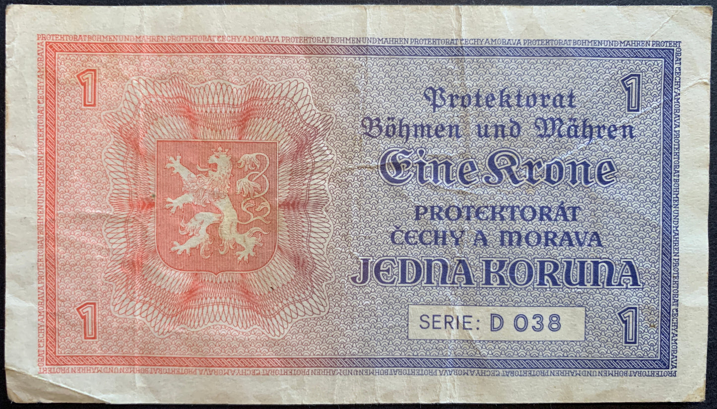 Protectorate of Bohemia and Moravia 1 Koruna ND (1940) P-3 VF collectible vintage world war era banknote with coat of arms