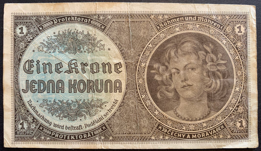 Protectorate of Bohemia and Moravia 1 Koruna ND (1940) P-3 VF collectible vintage world war era banknote with portrait of young woman