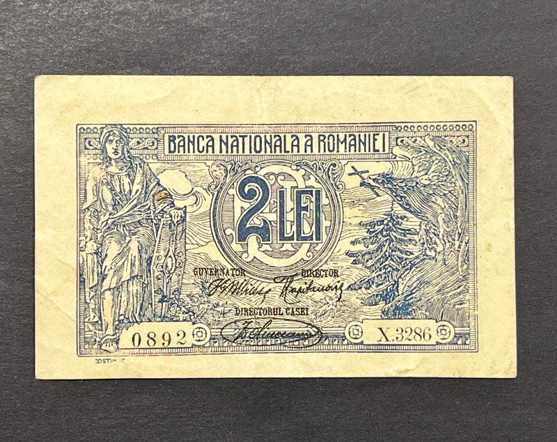 Front view of a vintage 1920 Romania 2 Lei banknote featuring a seated female figure with a sword and shield, alongside an eagle holding a cross.
