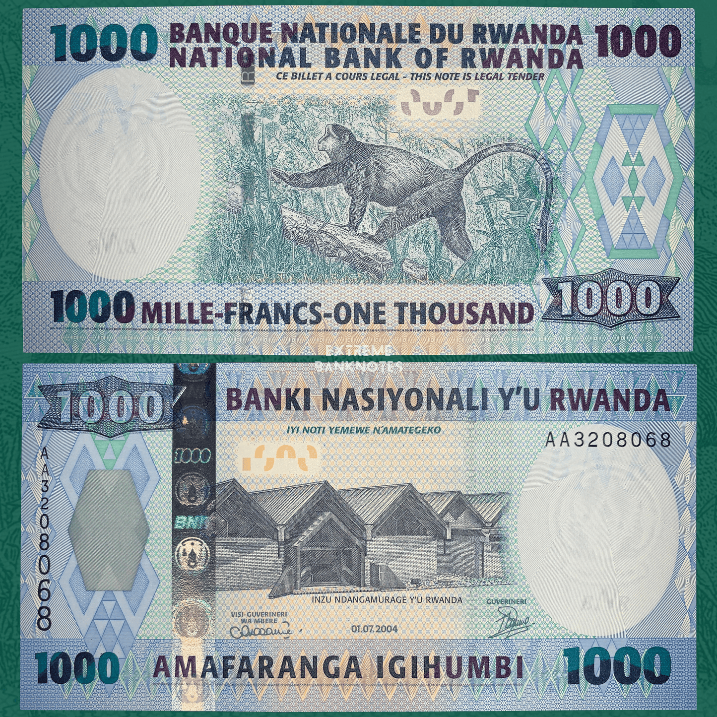 Authentic Rwanda 1,000 Francs banknote P-31 featuring a monkey in its natural habitat on the obverse and the Parliament of Rwanda building on the reverse, a colorful collectible African banknote.