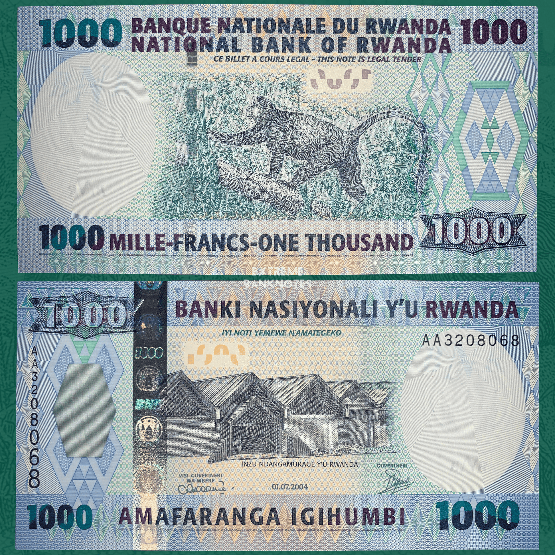 Authentic Rwanda 1,000 Francs banknote P-31 featuring a monkey in its natural habitat on the obverse and the Parliament of Rwanda building on the reverse, a colorful collectible African banknote.