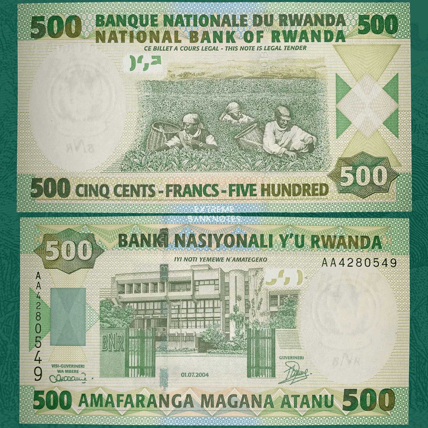 Authentic Rwanda 500 Francs banknote P-30 featuring tea harvesters in a plantation on the obverse and the National Bank of Rwanda headquarters on the reverse, an attractive collectible African banknote.