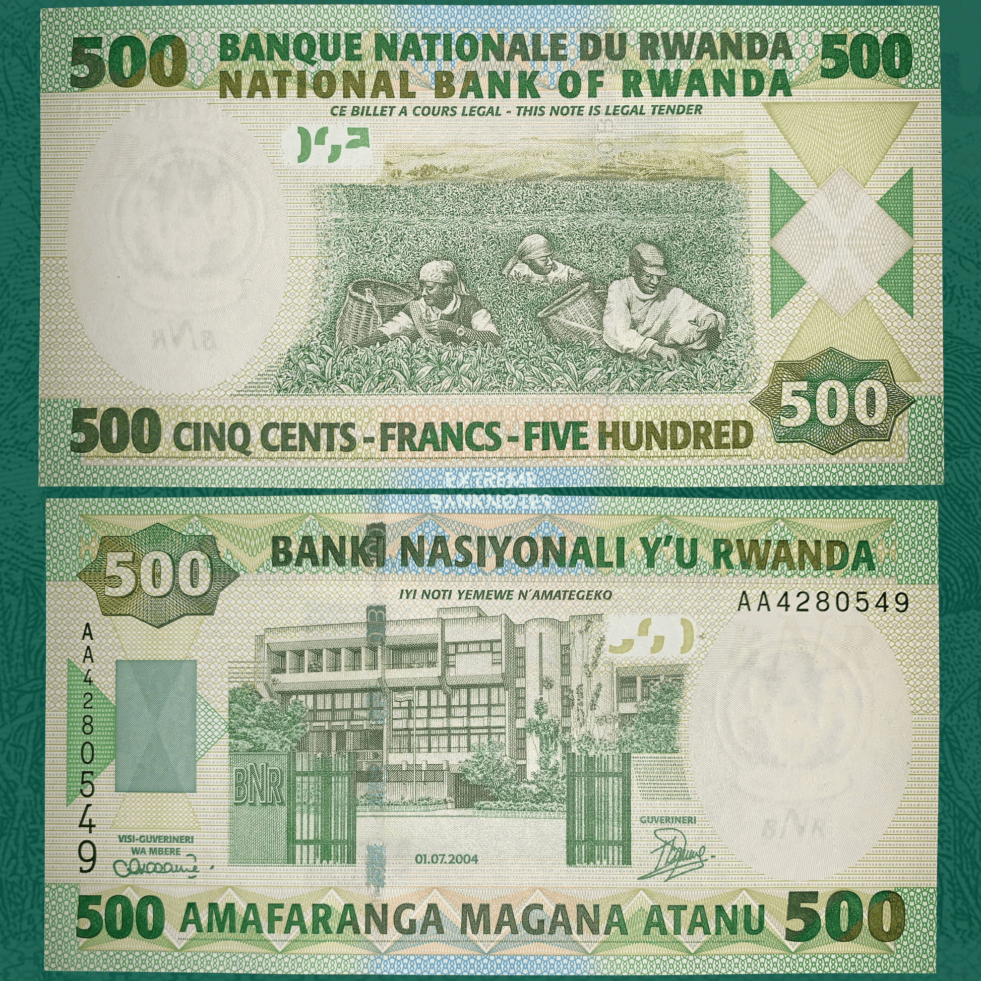 Authentic Rwanda 500 Francs banknote P-30 featuring tea harvesters in a plantation on the obverse and the National Bank of Rwanda headquarters on the reverse, an attractive collectible African banknote.
