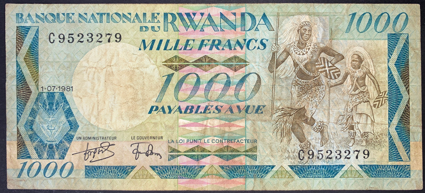 front of Rwanda 1000 Francs 1981 P-17 F collectible vintage banknote with traditional dancers