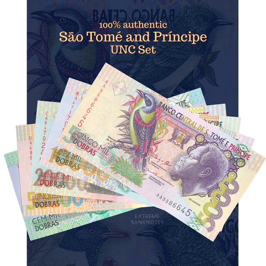 Set of São Tomé and Príncipe banknotes with decorative elements on a dark blue background
