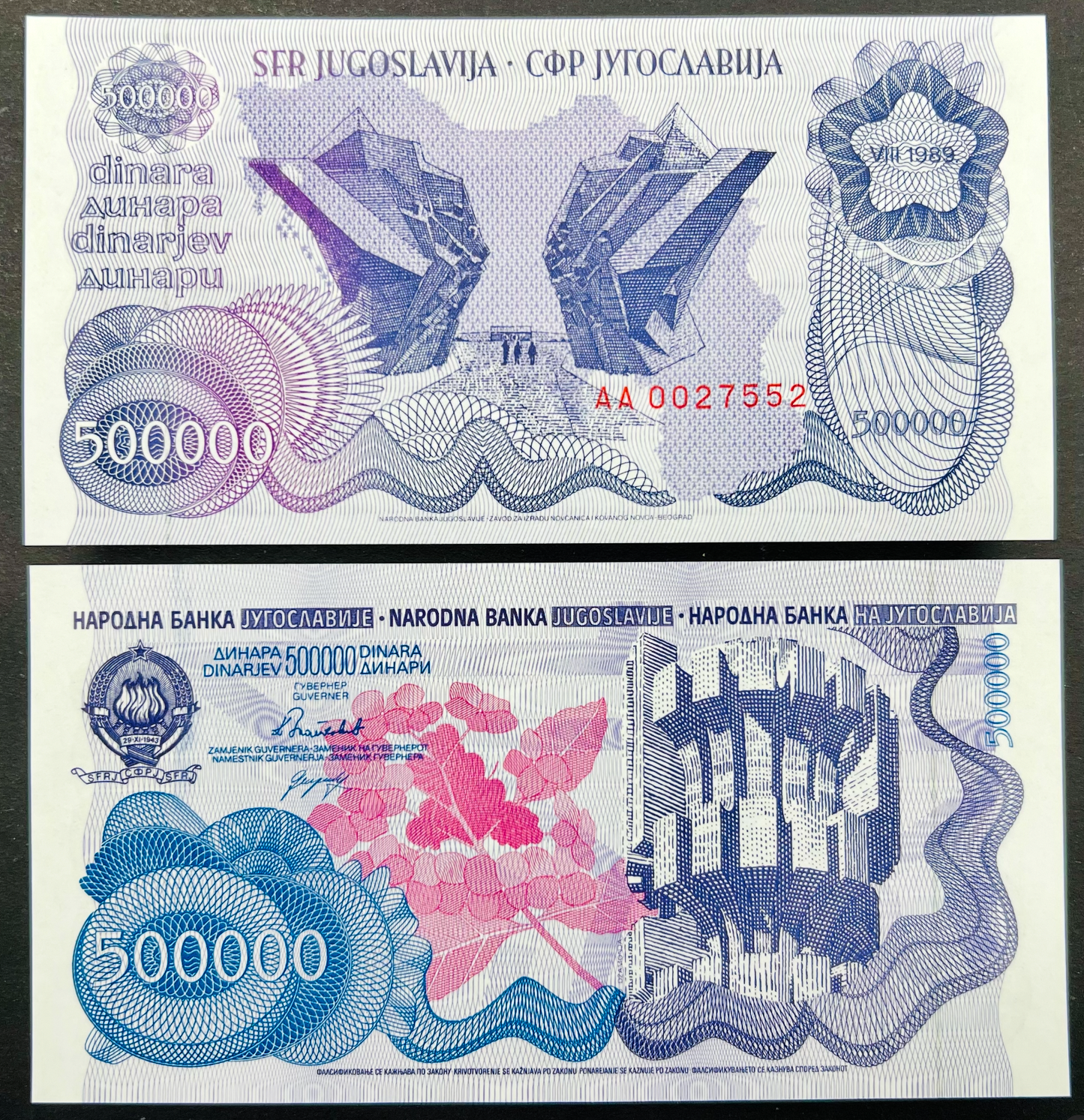 Rare Yugoslavia 500000 Dinara Banknote 1989 P-98a | WWII Memorial Monument Paper Money | Socialist Balkan Hyperinflation Numismatic Collectible Gift