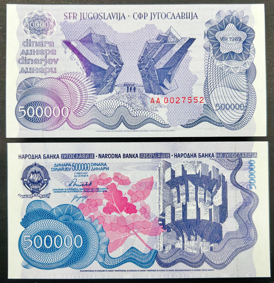 Rare Yugoslavia 500000 Dinara Banknote 1989 P-98a | WWII Memorial Monument Paper Money | Socialist Balkan Hyperinflation Numismatic Collectible Gift