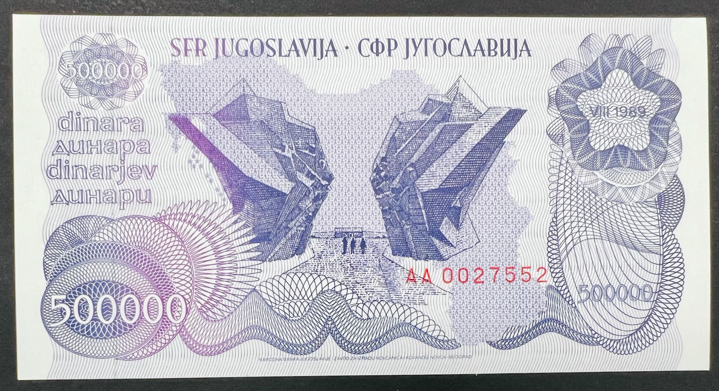 Rare Yugoslavia 500000 Dinara Banknote 1989 P-98a | WWII Memorial Monument Paper Money | Socialist Balkan Hyperinflation Numismatic Collectible Gift