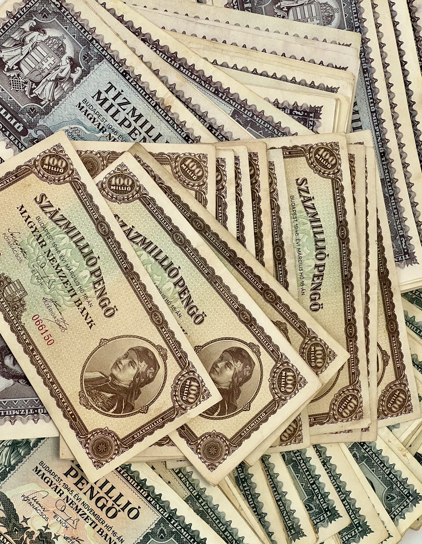 Vintage Hungarian pengó banknotes stacked together