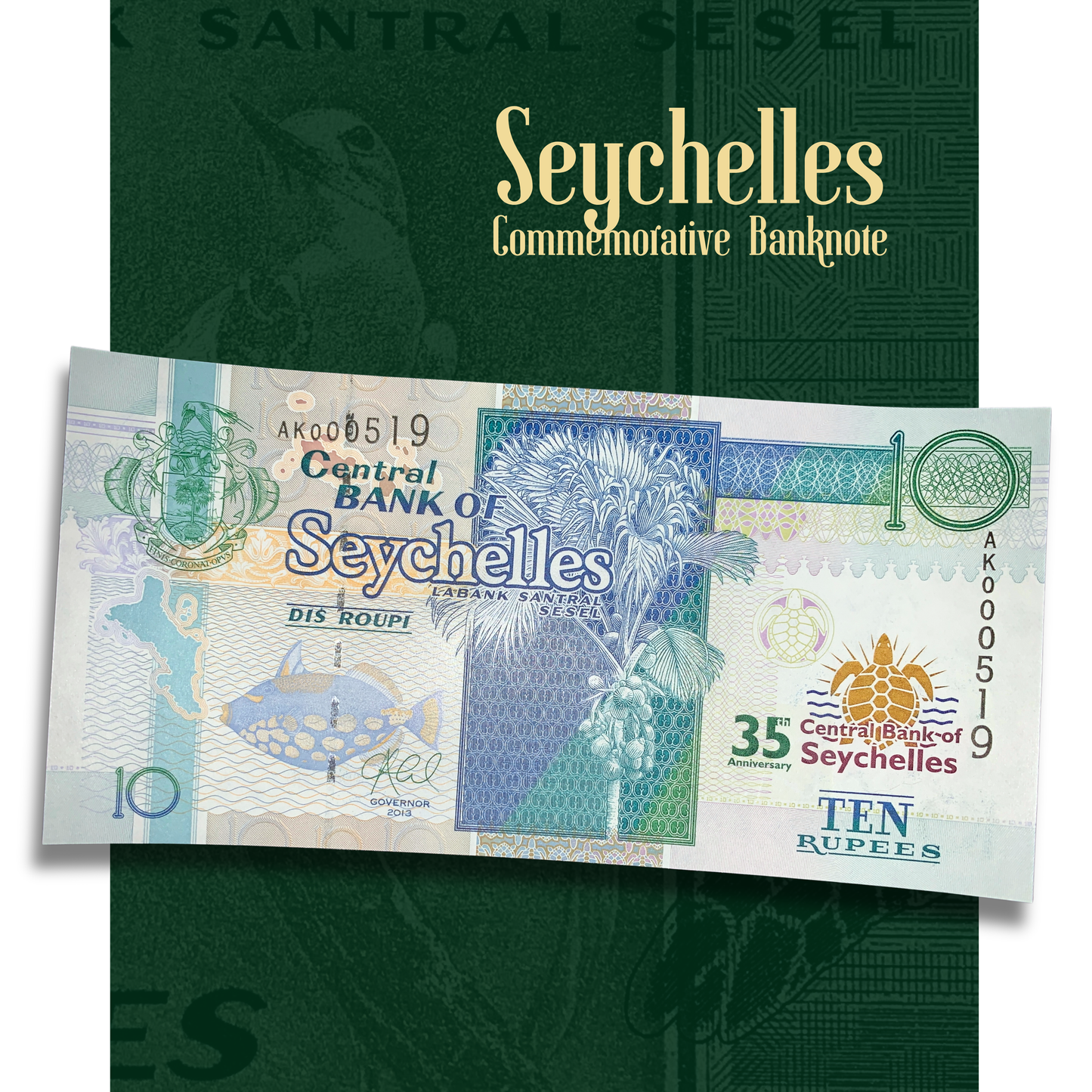 Seychelles commemorative banknote with green cover