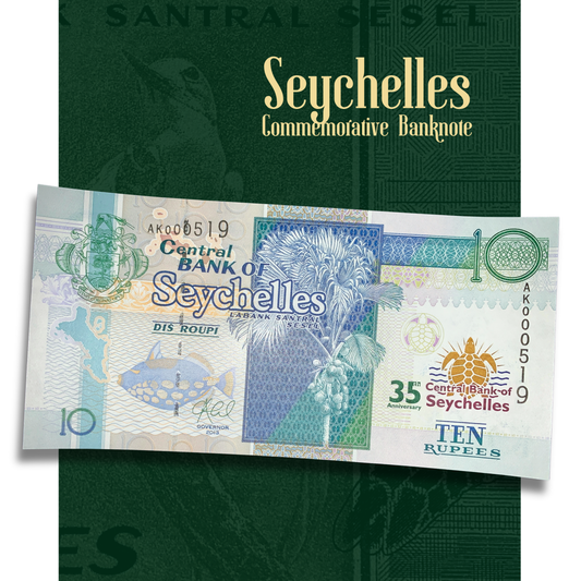 Seychelles commemorative banknote with green cover
