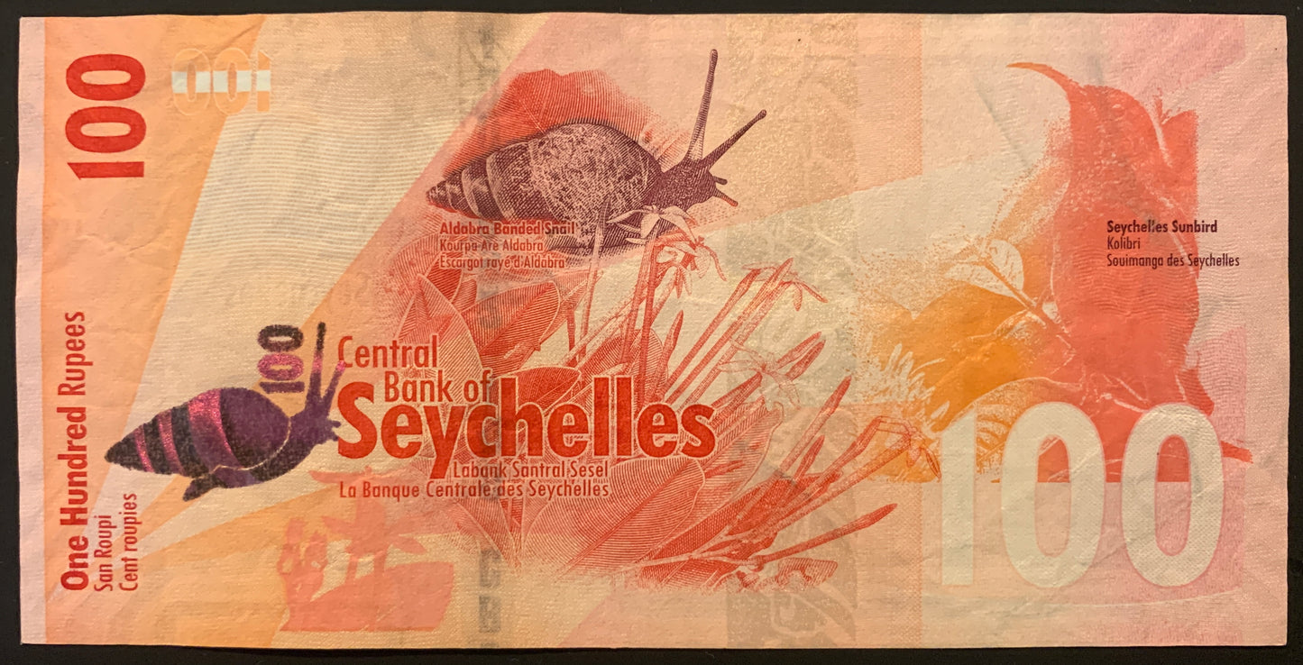 Seychelles 100 Rupees 2016 P-50 VF modern african collectible banknote with Aldabra Banded Snail and Seychelles Sunbird Kolibri