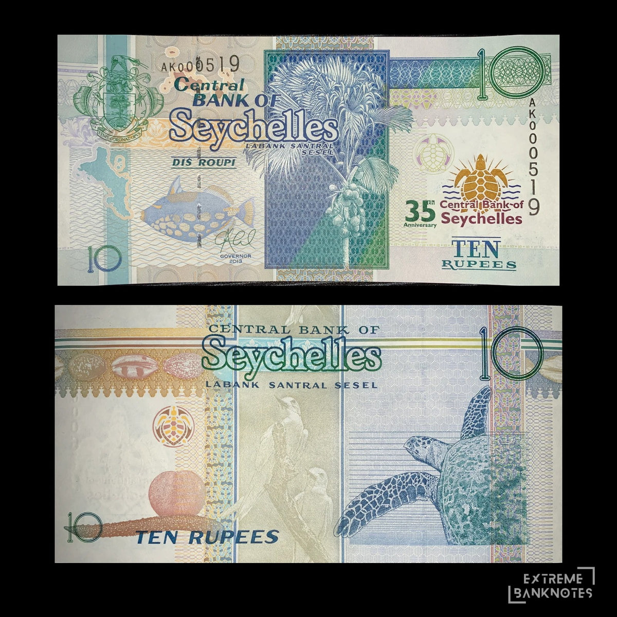 Seychelles commemorative banknote with green cover