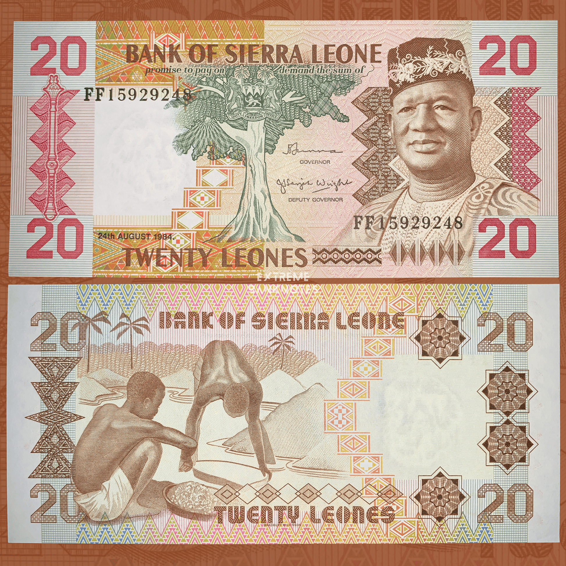 Authentic Sierra Leone 20 Leones banknote P-14b featuring the portrait of President Siaka Stevens and a cotton tree on the obverse, with an alluvial diamond mining scene on the reverse, a classic collectible African banknote.