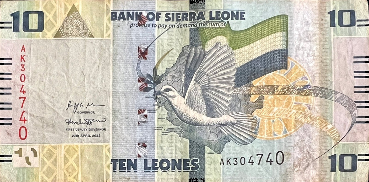 Front view of a very fine 2022 Sierra Leone 10 Leones banknote featuring a dove of peace over the map of Sierra Leone and the national flag.