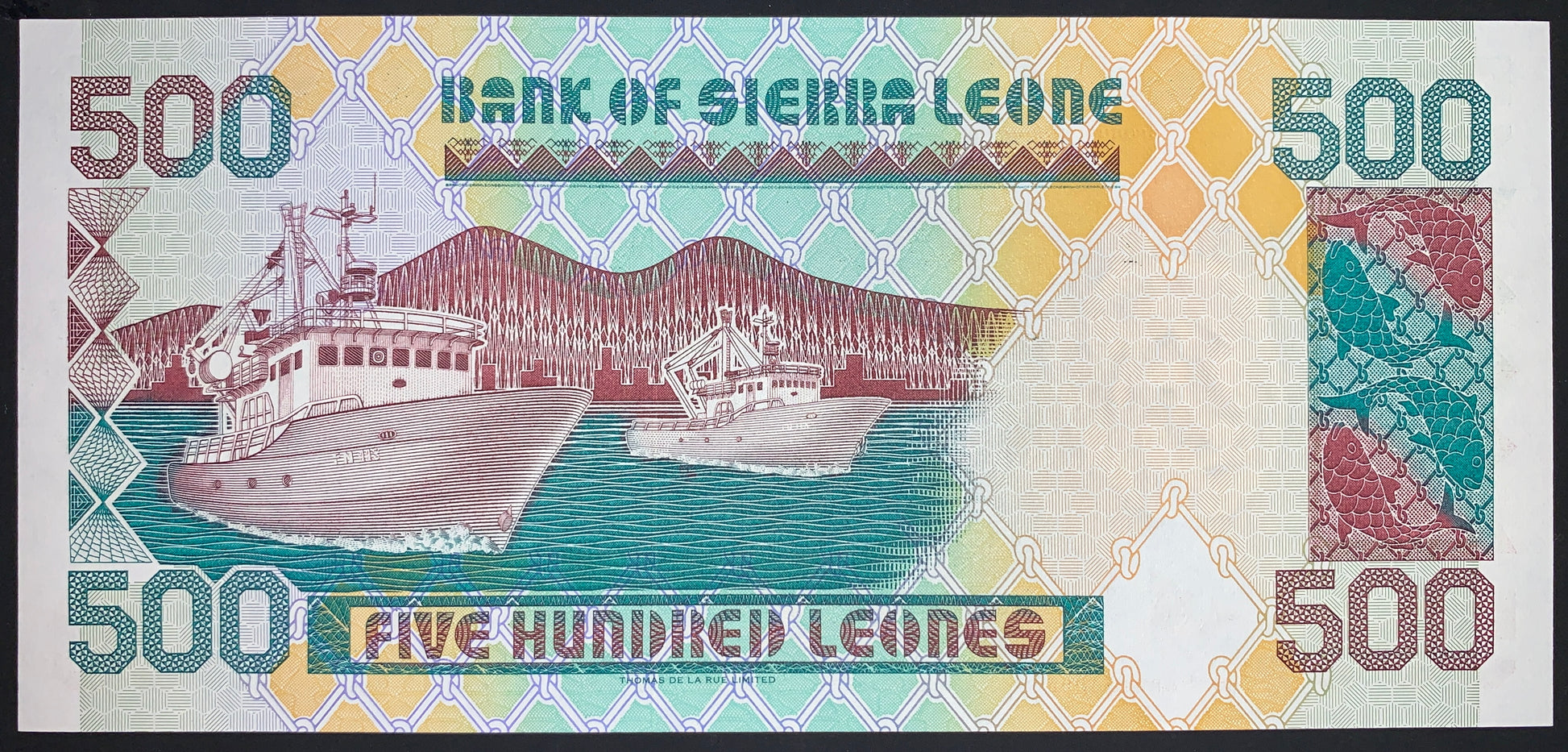 Sierra Leone 500 Leones 1995 P-23a UNC vintage african currency with fishing fleet, nets and fish